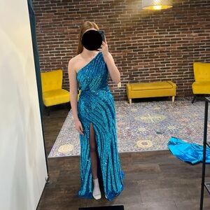 One-Shoulder Blue Sequin Prom Dress